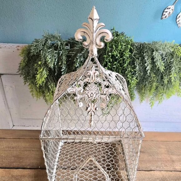 Distressed Shabby Chic White Chicken Wire Fleur de Lis Cage Box Farmhouse Decor - Picture 11 of 11